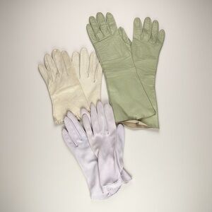 VTG Bundle 3 Pairs Mid-Century Gloves Leather & Nylon Pastel Green White Cream